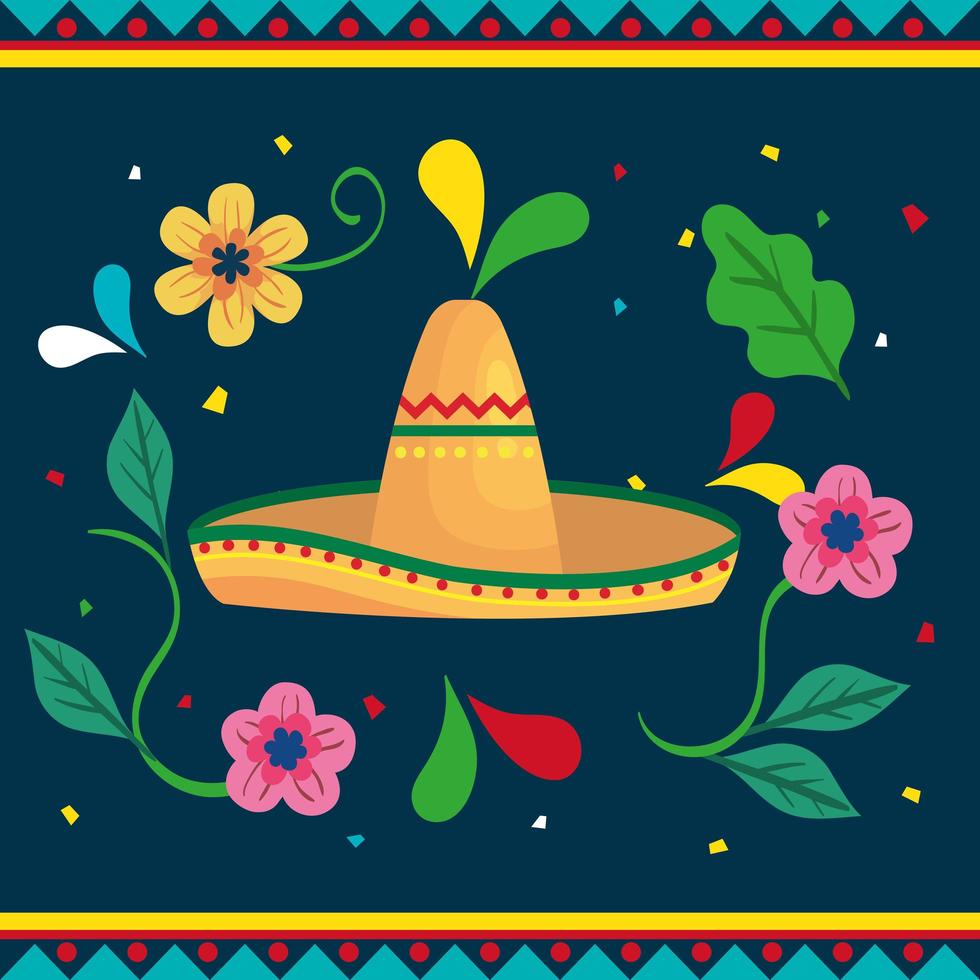 cinco de mayo poster with hat wicker and decoration vector