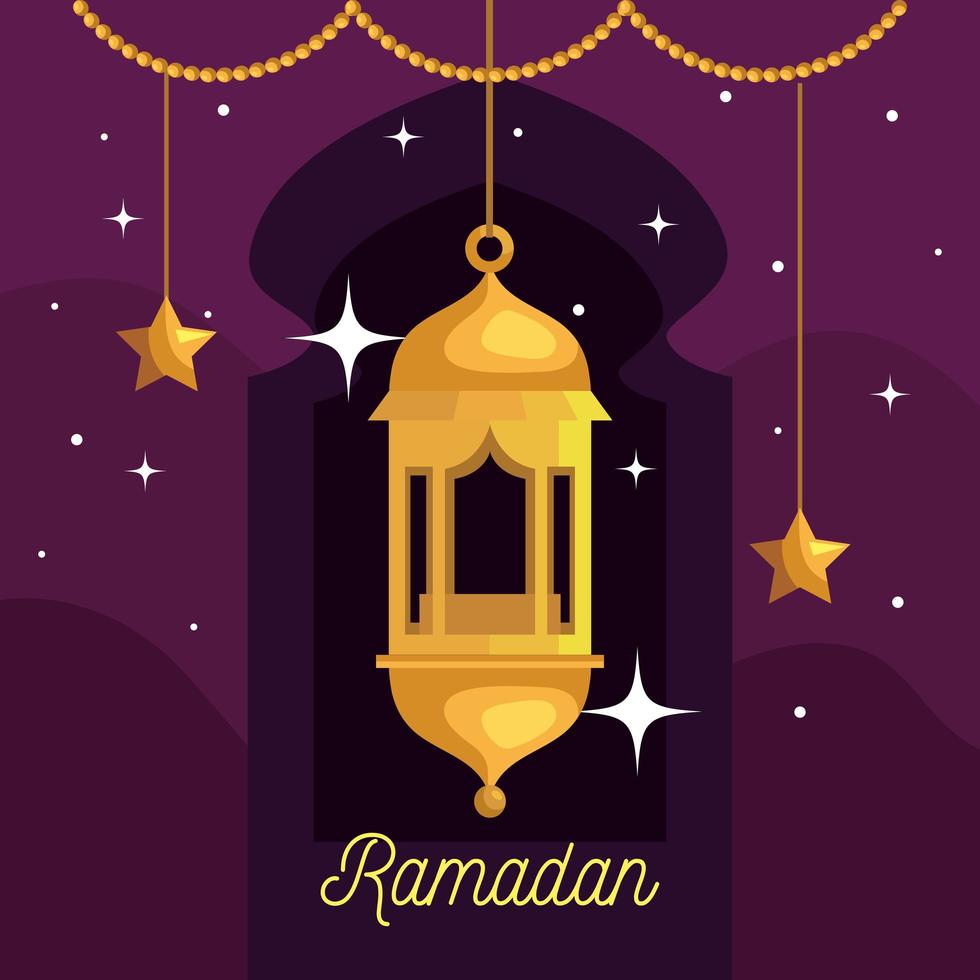 cartel de ramadan kareem con linterna y estrellas colgantes vector