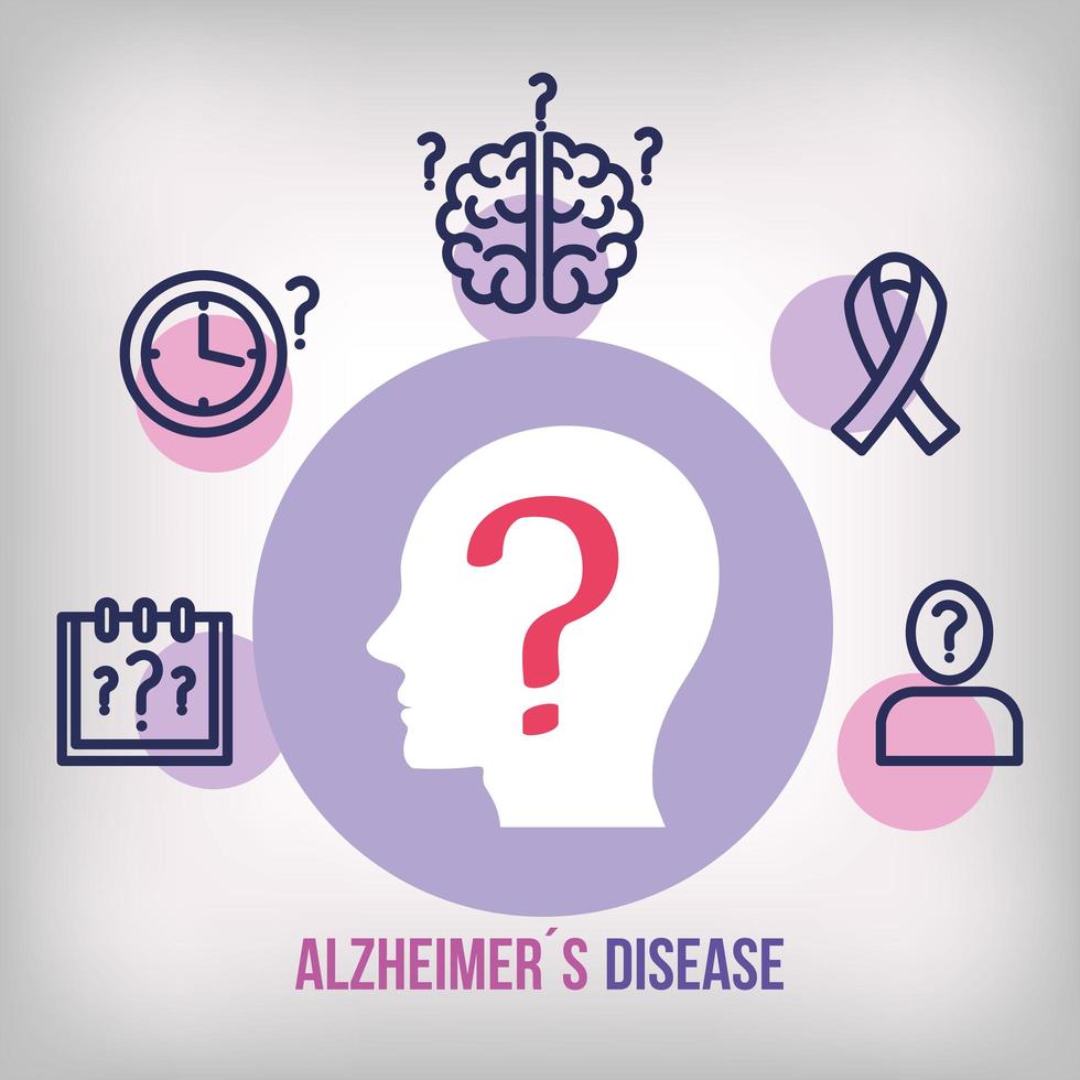 día mundial del alzheimer con cabeza de perfil e iconos vector