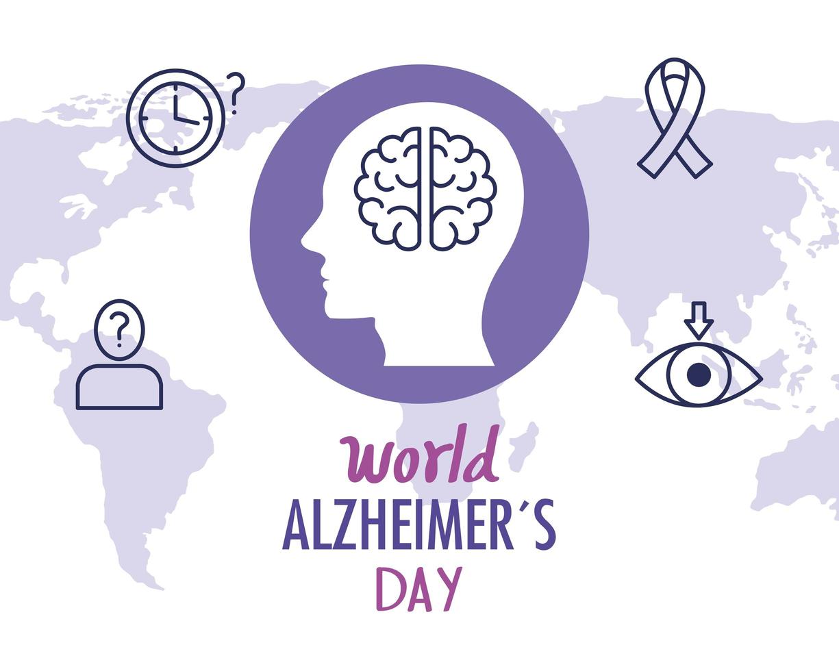 día mundial del alzheimer con cabeza de perfil e iconos vector