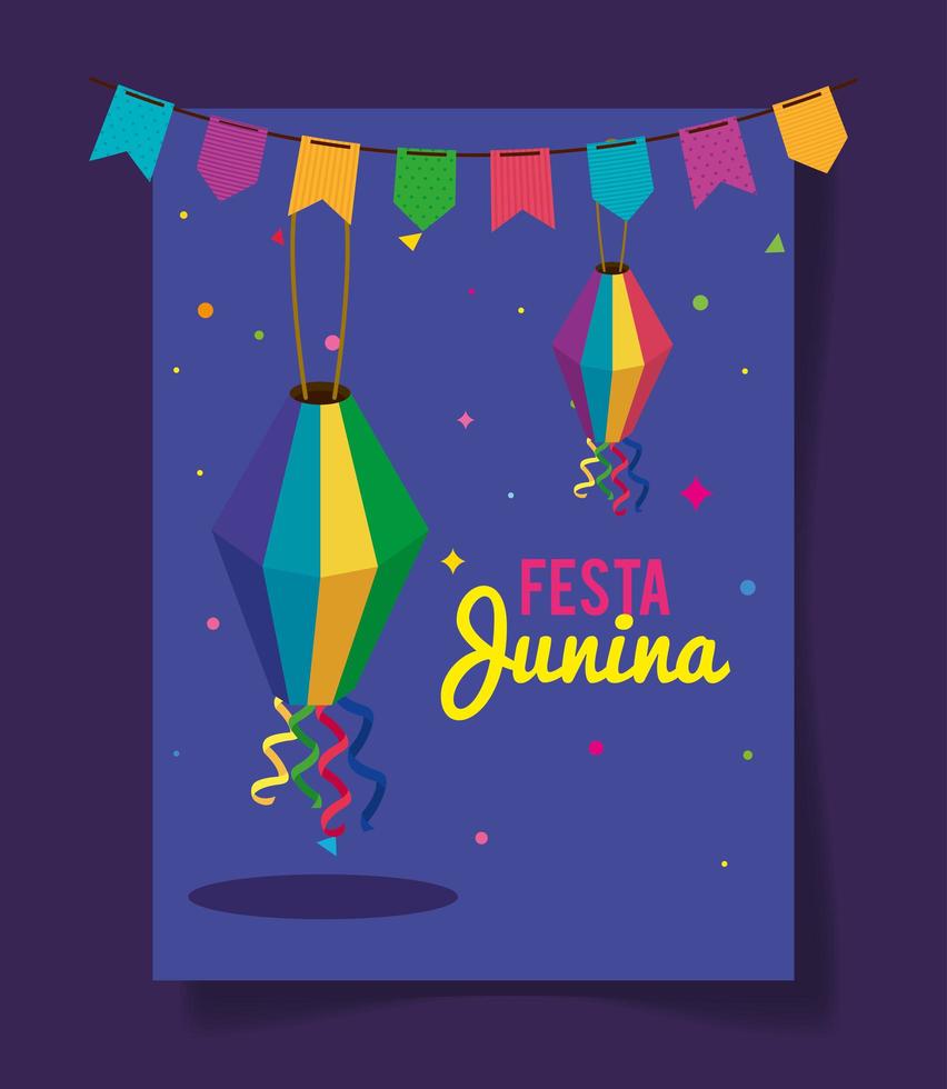 cartel de fiesta junina con linternas y guirnalda colgante vector