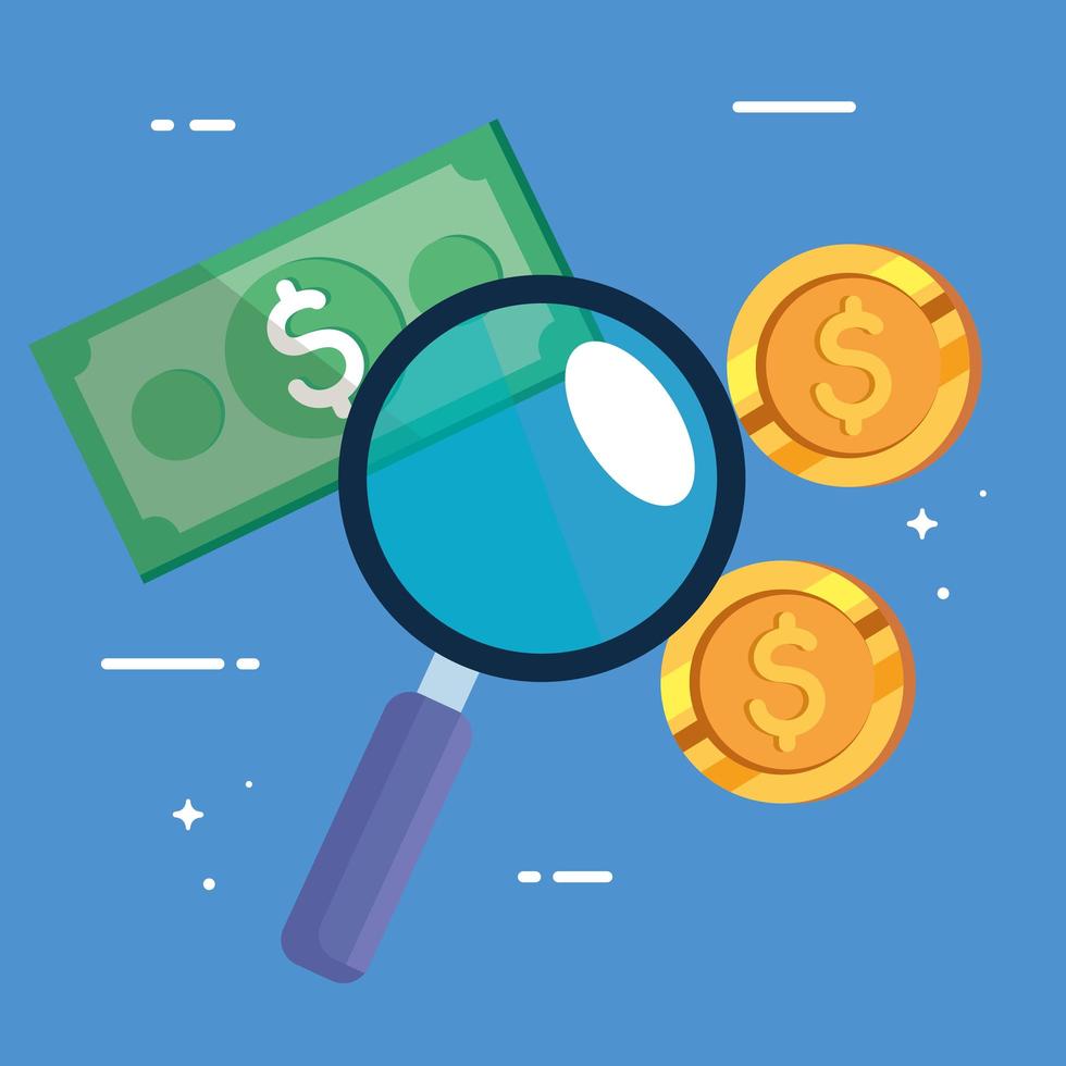 money with coins and magnifying glass vector