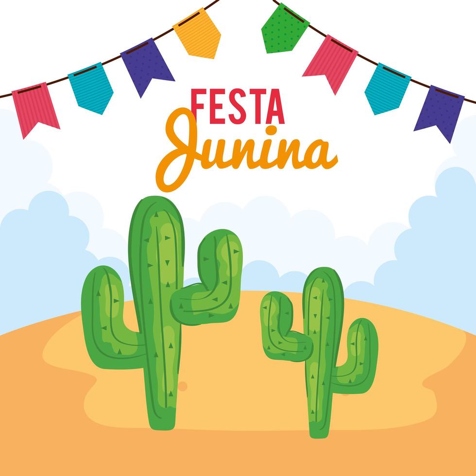 cartel de fiesta junina con cactus y guirnaldas colgantes vector