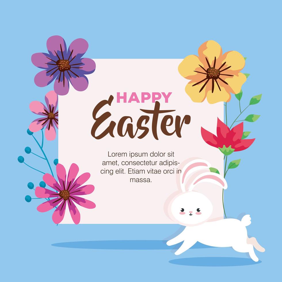 happy easter card with rabbit and flowers decoration vector