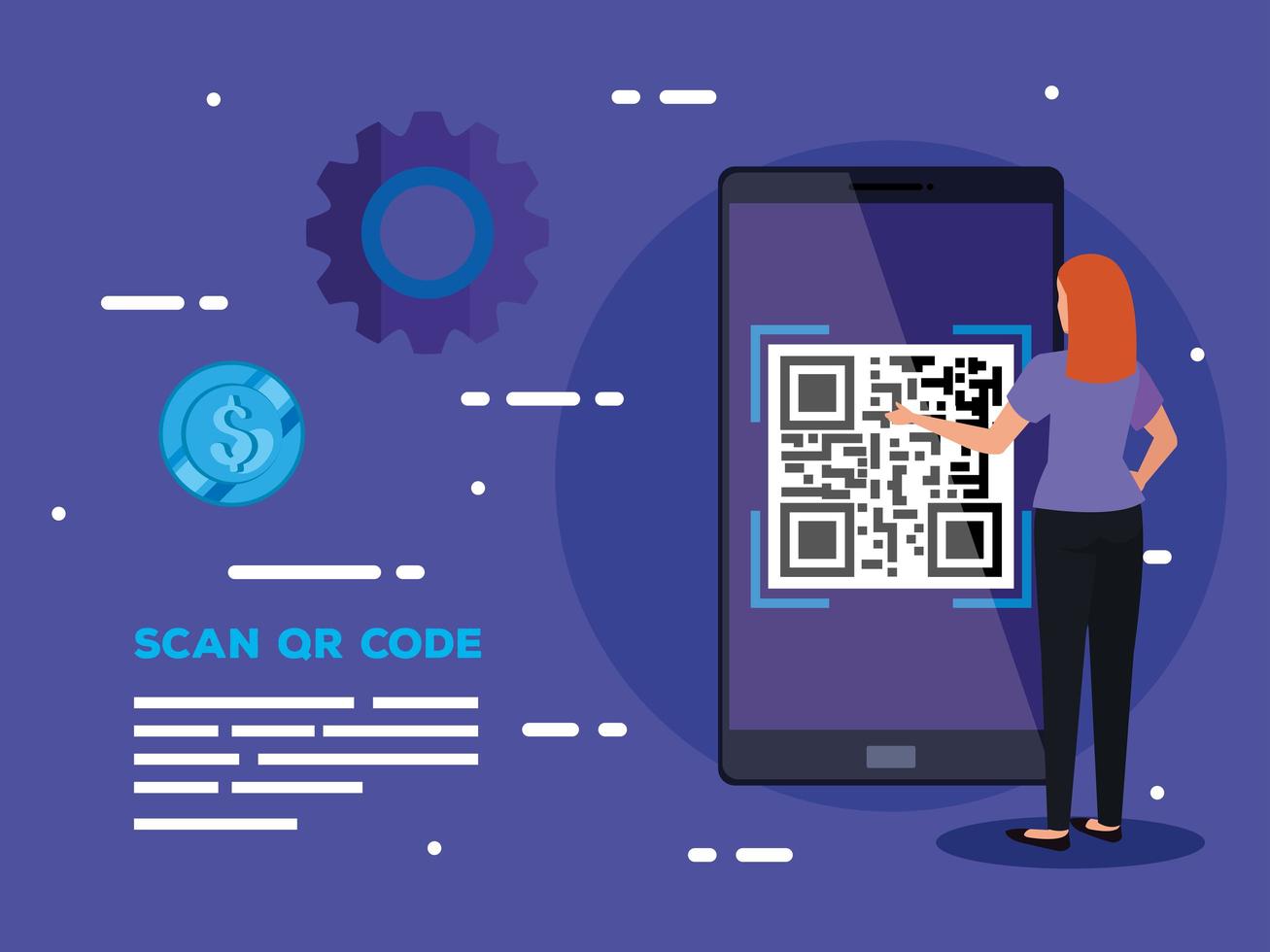 smartphone scan qr code with businesswoman and icons vector