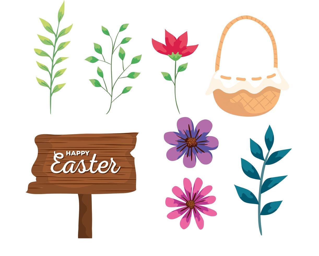 Feliz Pascua etiqueta de madera con decoración de iconos vector
