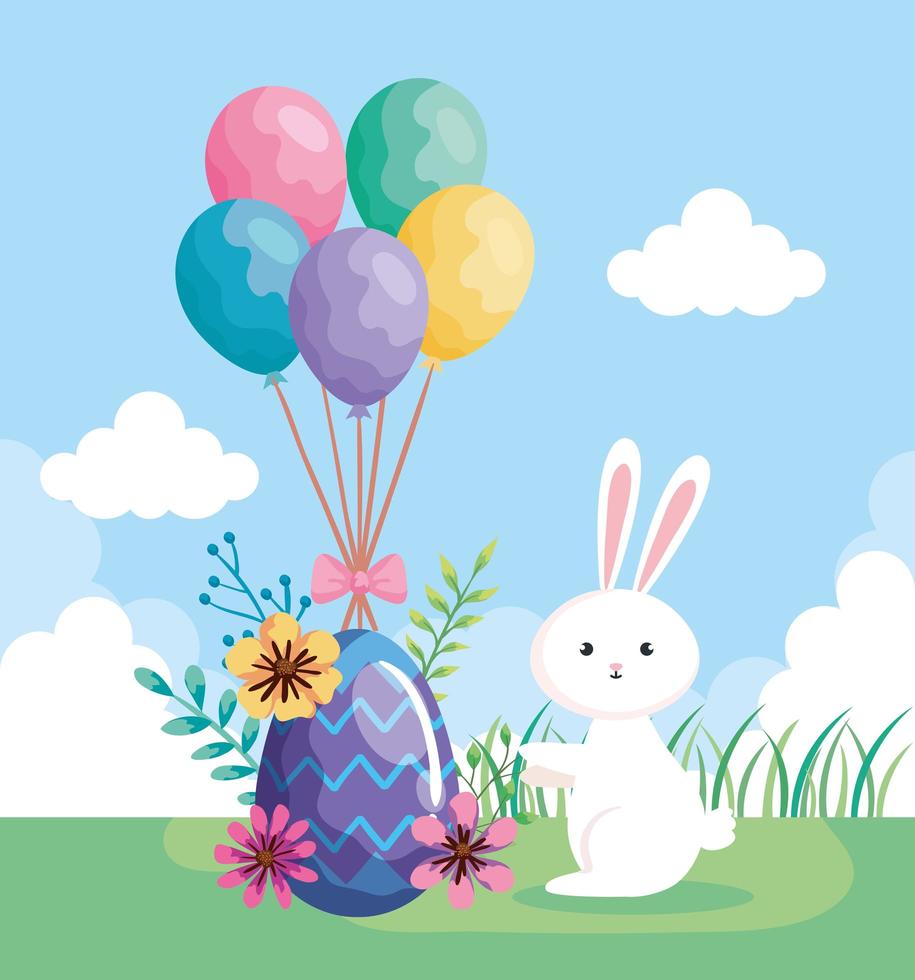 lindo conejo con huevos de pascua decorado en paisaje vector