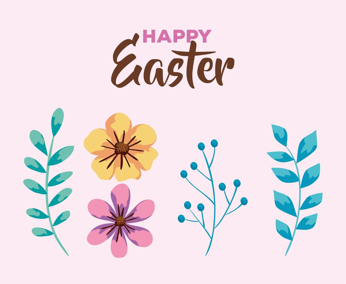 feliz pascua tarjeta flores y hojas vector