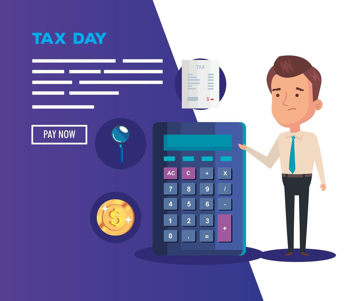 tax day poster with businessman and set of icons vector