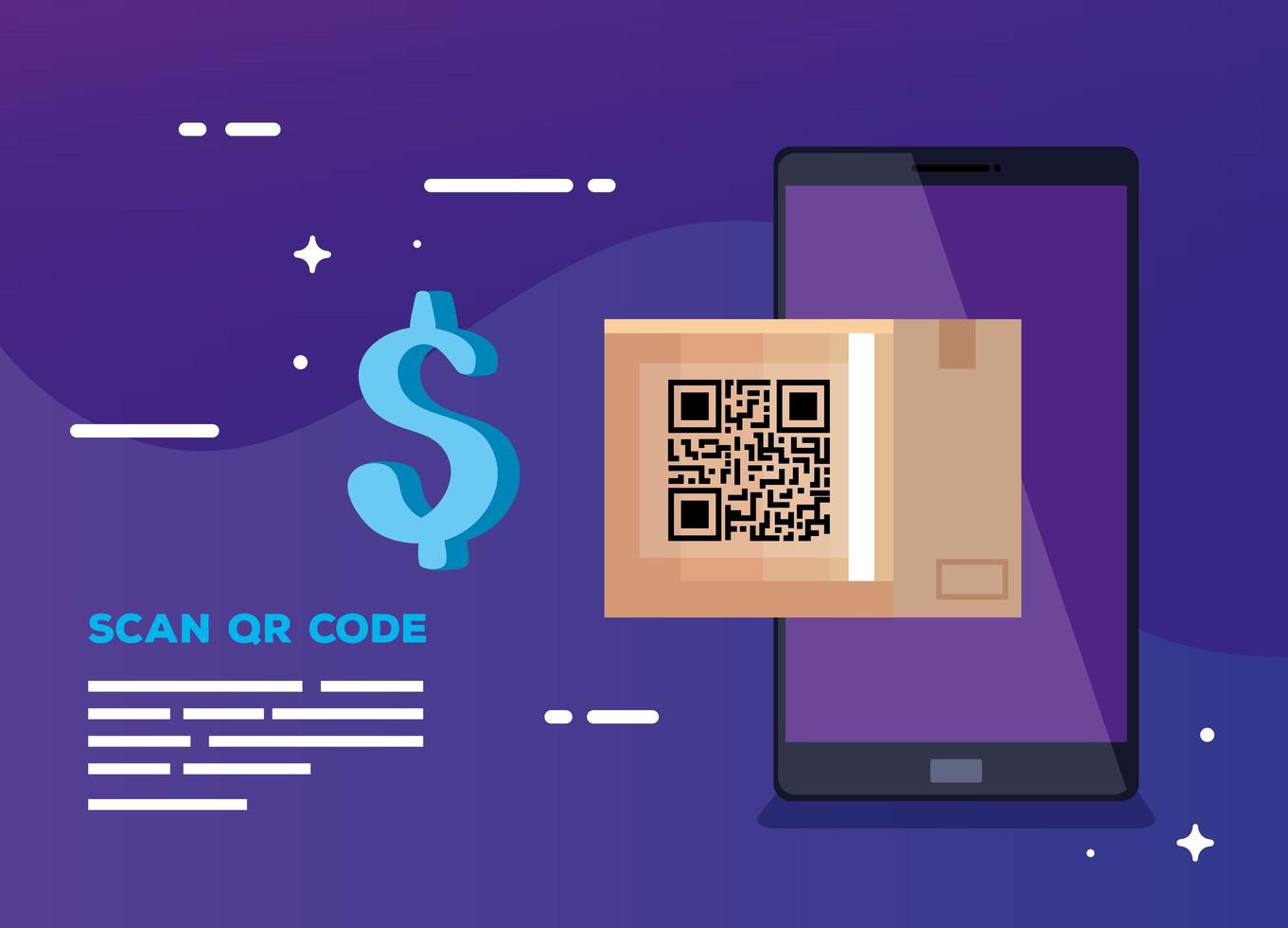 teléfono inteligente con escaneo de código qr y caja de cartón vector