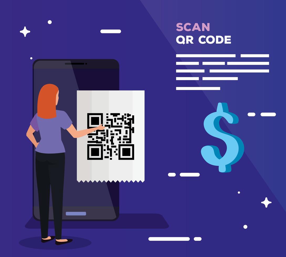 smartphone scans qr code with businesswoman and dollar symbol vector