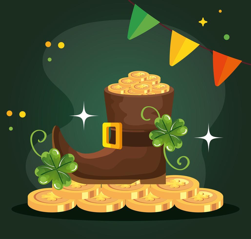 Día de San Patricio con bota de duende y decoración. vector