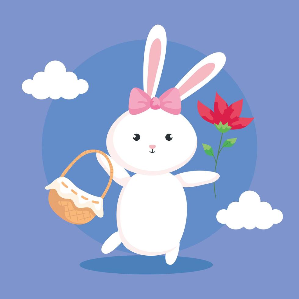 cute female rabbit with basket wicker and flower vector