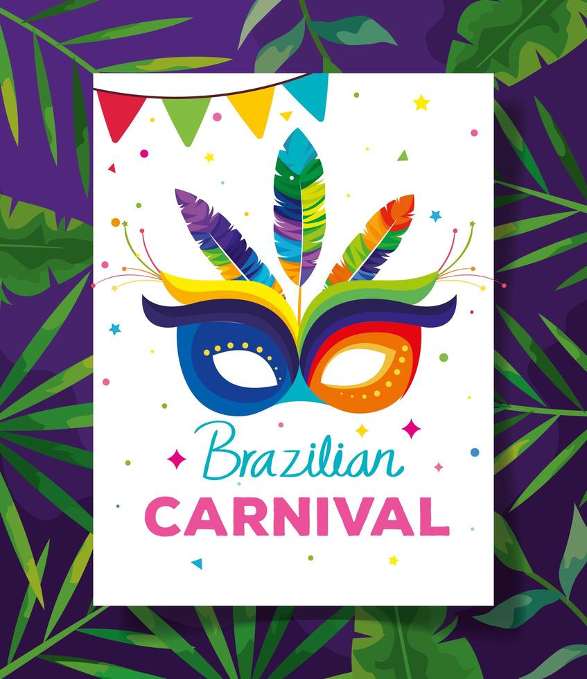 poster of brazilian carnival with mask and tropical leaves vector