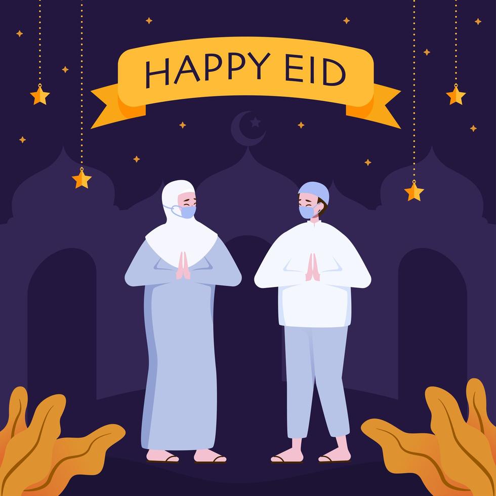 Muslim Couple with Greeting Gesture Eid Mubarak vector