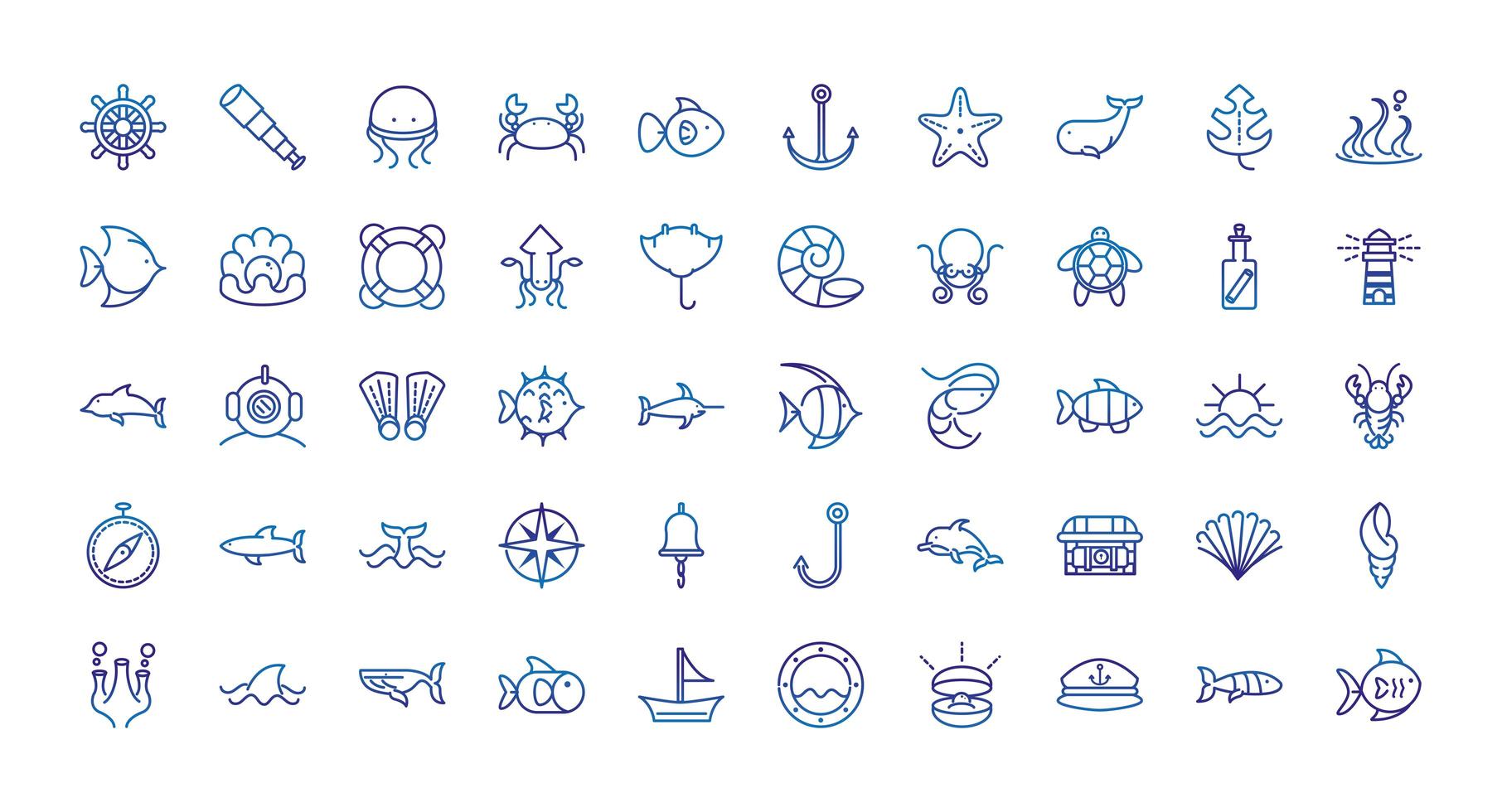 vida marina náutica animales marinos y equipos línea gruesa iconos azules vector