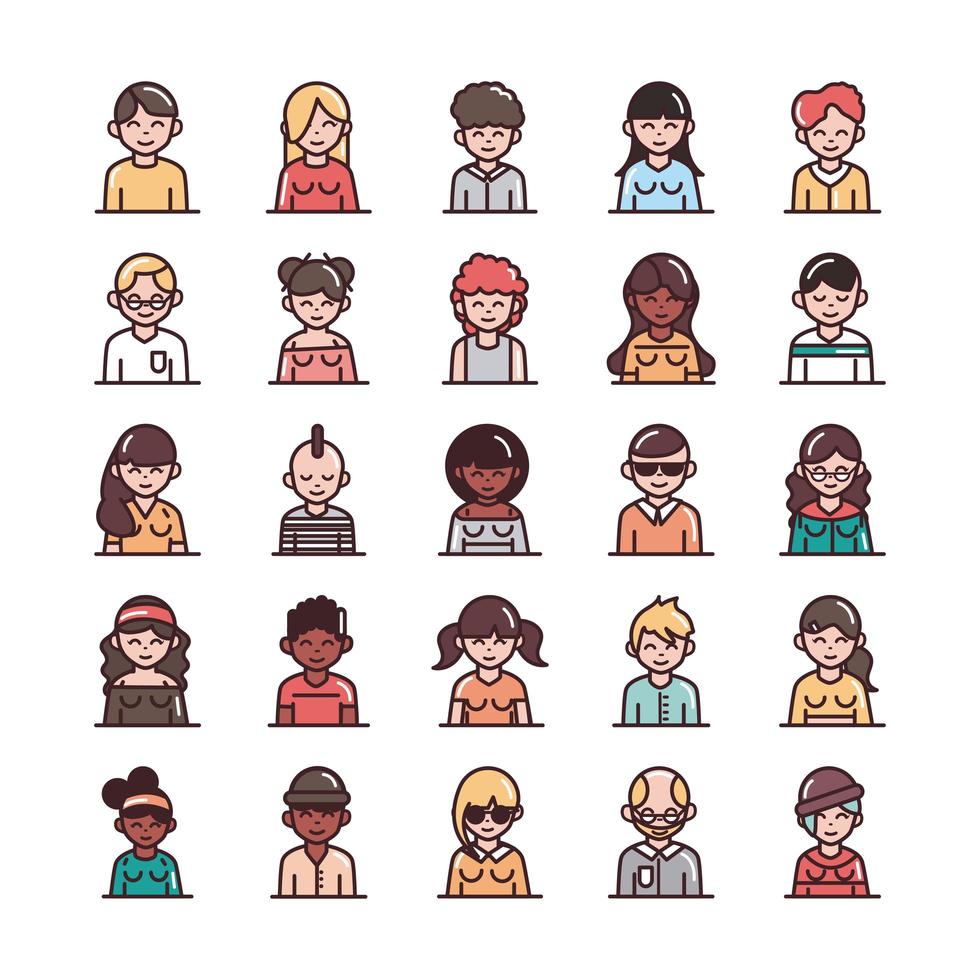 avatar male female men women cartoon character people icons set line and fill style icon vector