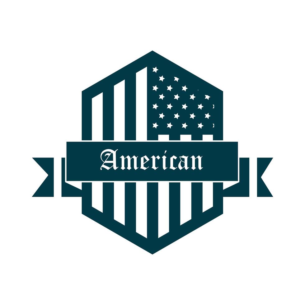 feliz día de la independencia bandera americana en escudo con diseño de decoración de banner icono de estilo de silueta vector