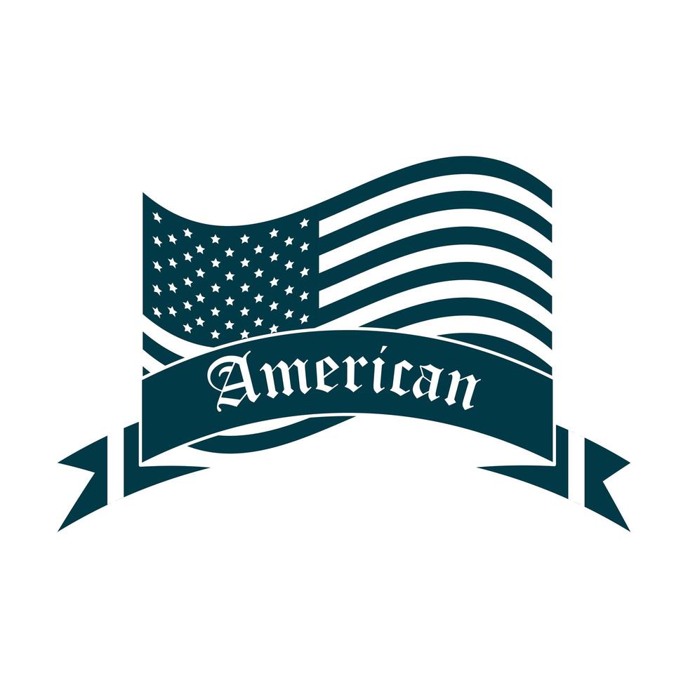 feliz día de la independencia bandera americana ondeando símbolo e icono de estilo de silueta de decoración de banner vector