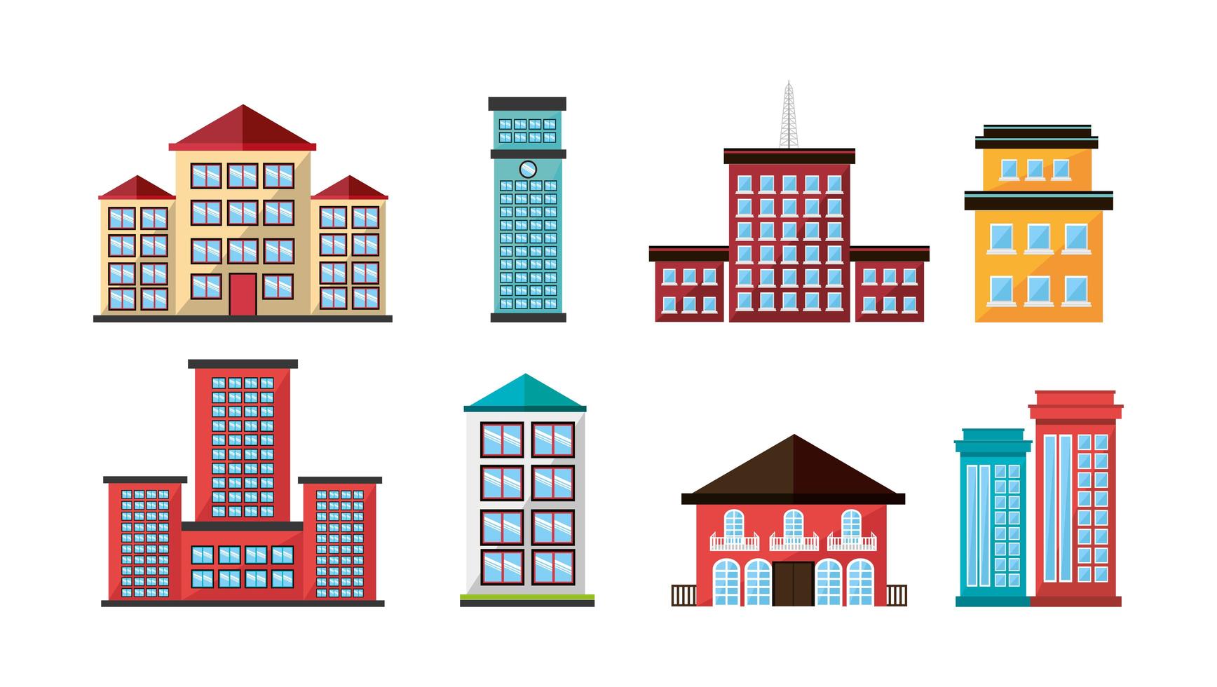 bundle of structures facade icons vector