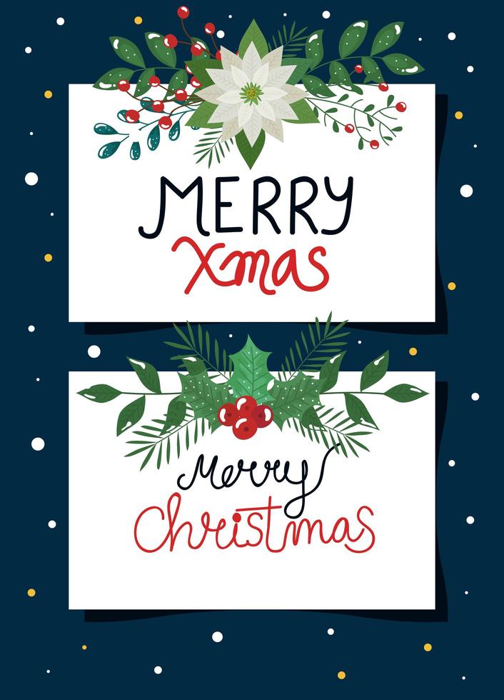 set of poster of merry christmas with flowers and leaves vector