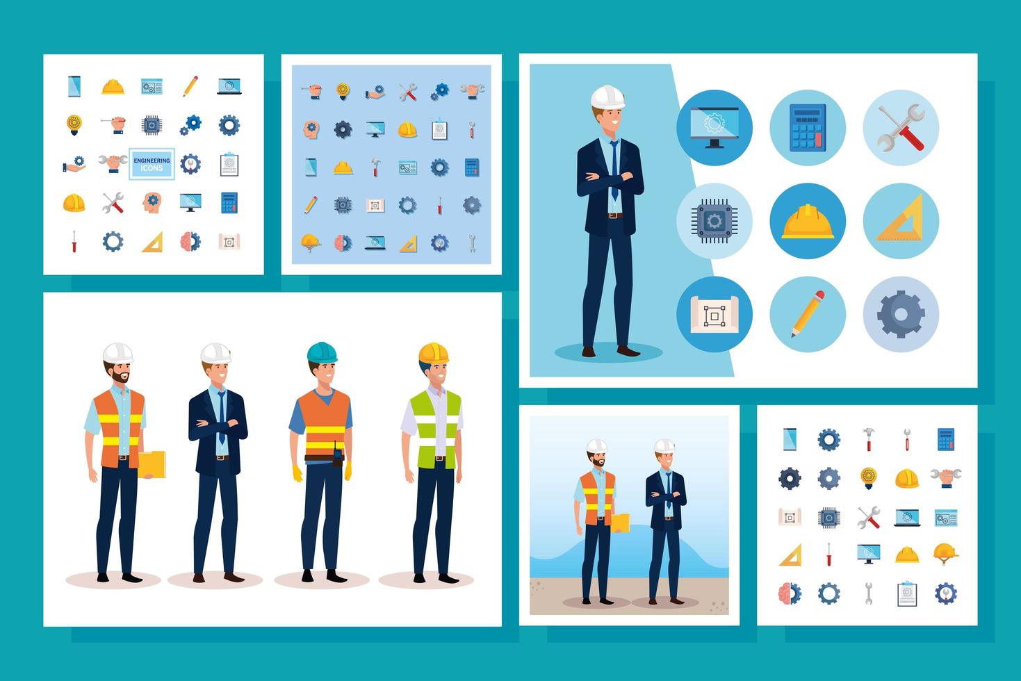 engineer men with working icons set vector