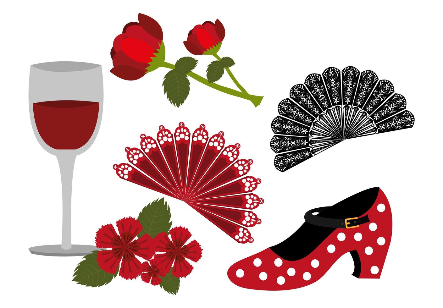 Paquete de baile flamenco y conjunto de iconos. vector