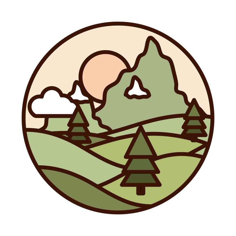 landscape nature snowy mountains pine trees field line and fill icon vector