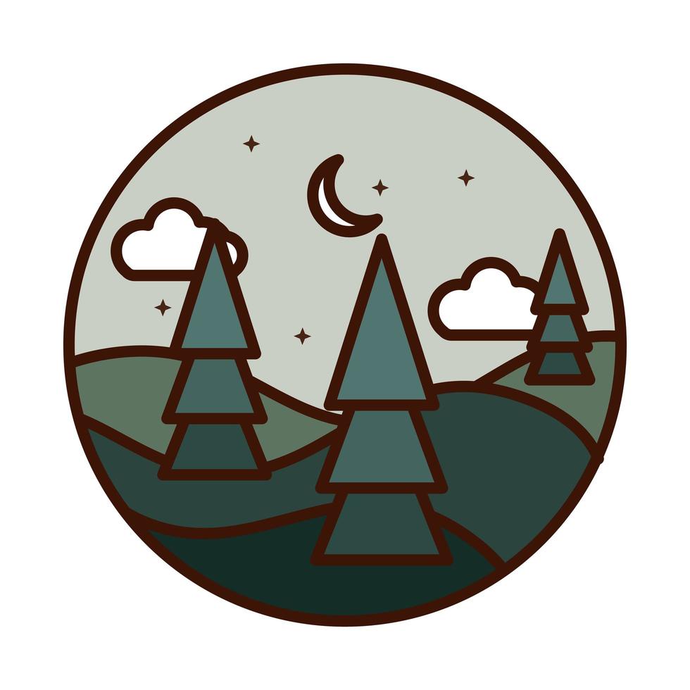 landscape nature trees hills half moon stars line and fill icon vector