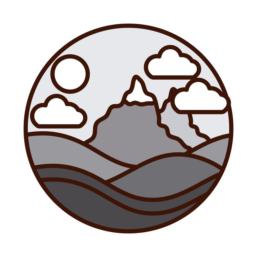 landscape nature mountains peak snow sun sky line and fill icon vector