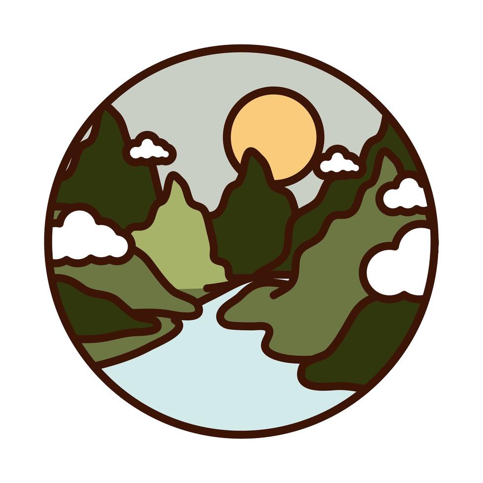 landscape nature mountains river sun sky panoramic line and fill icon vector
