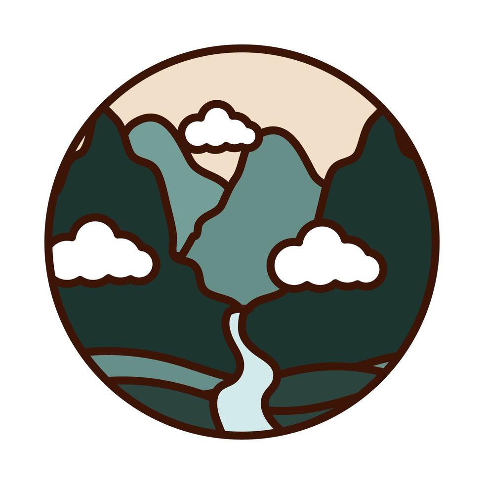 paisaje, naturaleza, montañas, y, río, valle, línea, y, relleno, icono vector