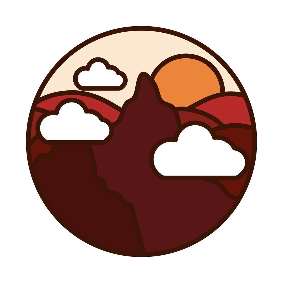 landscape nature peaks mountain clouds sun line and fill icon vector