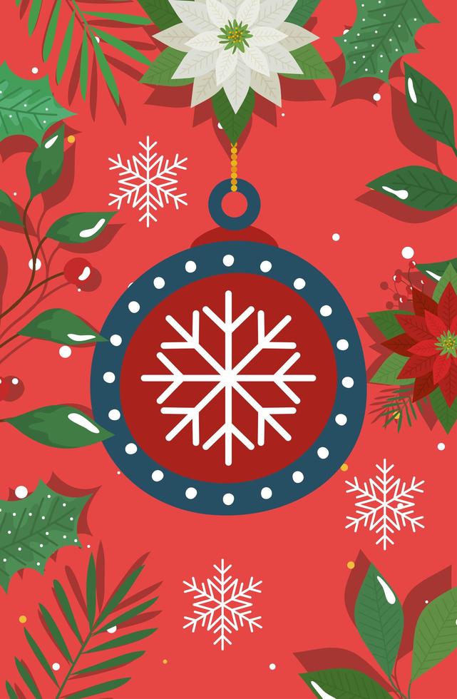 merry christmas poster with decorative ball and flowers vector