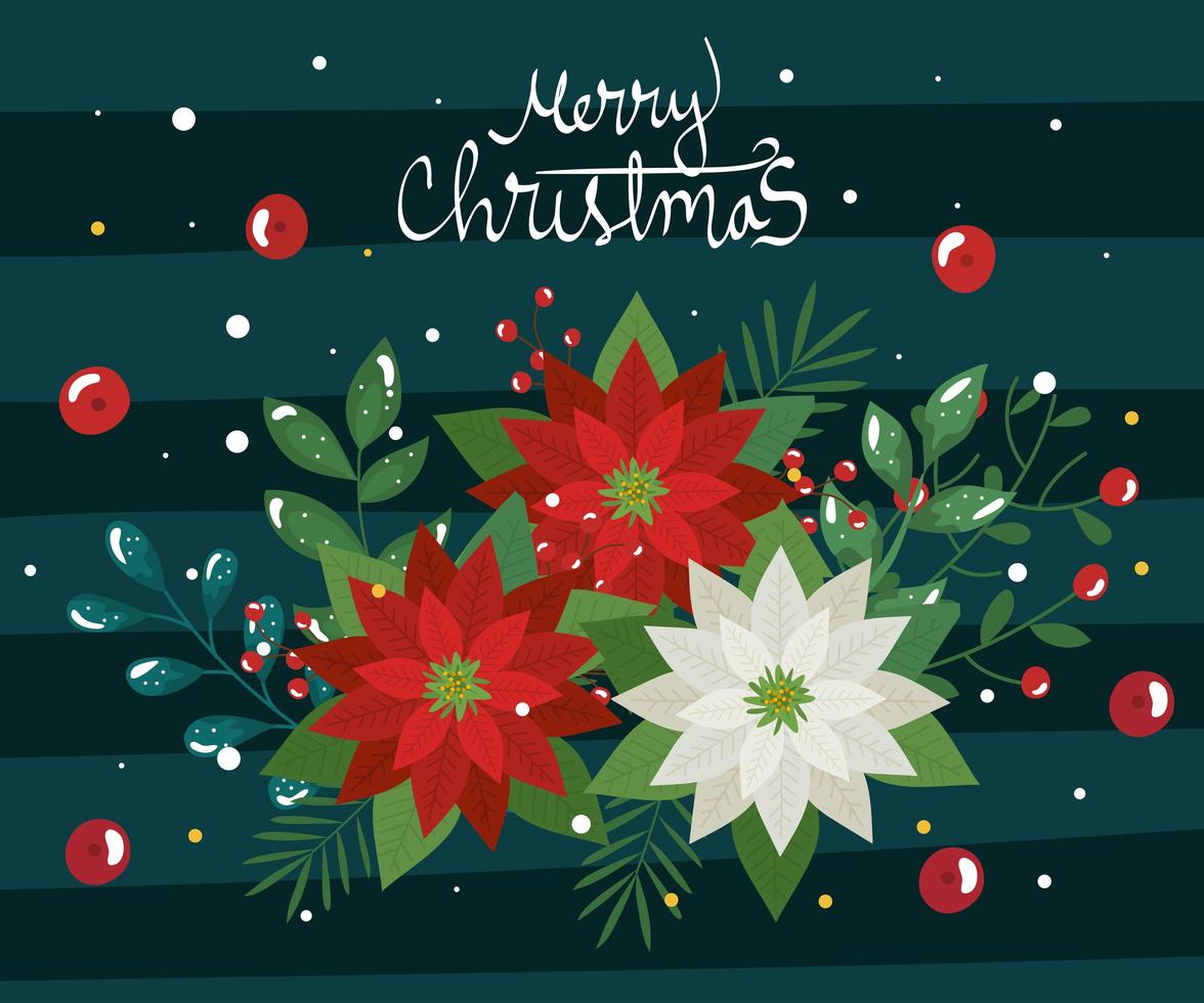 merry christmas poster with flower and decorative leaves vector