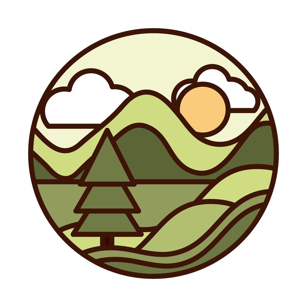 landscape nature hills pine tree sun line and fill icon vector