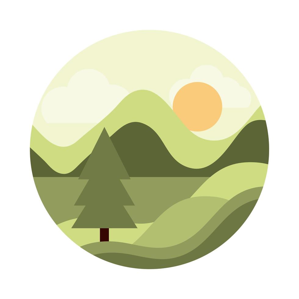 paisaje naturaleza colinas pino árbol sol estilo plano icono vector