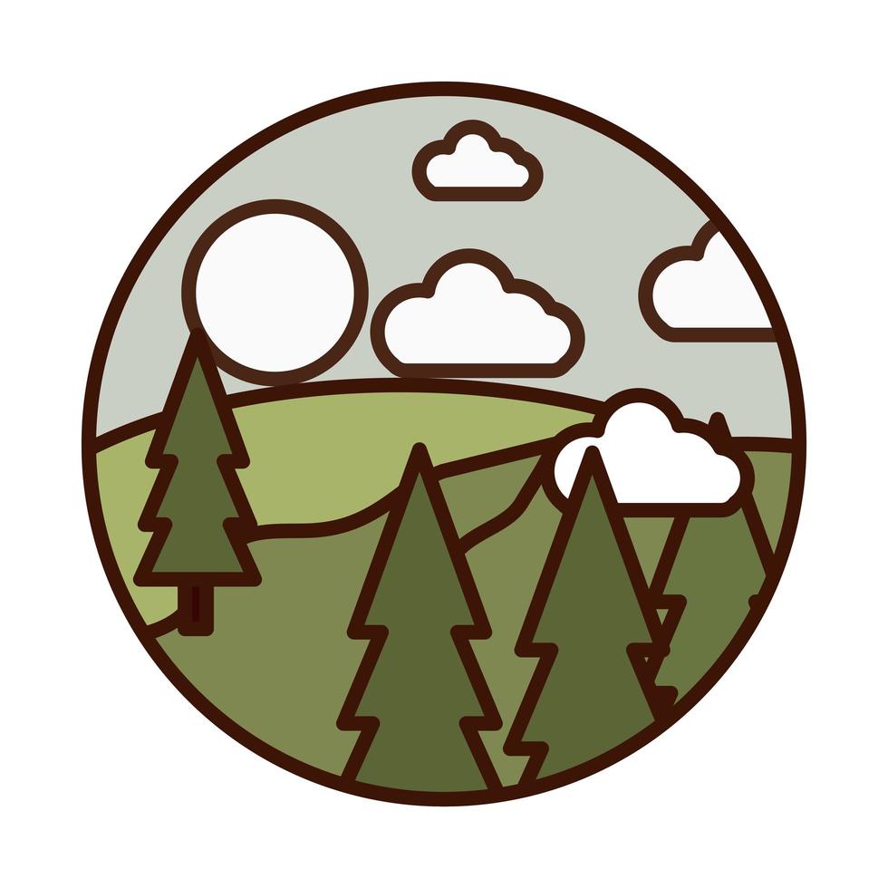 paisaje naturaleza pinos bosque campo sol nubes icono de línea y relleno vector