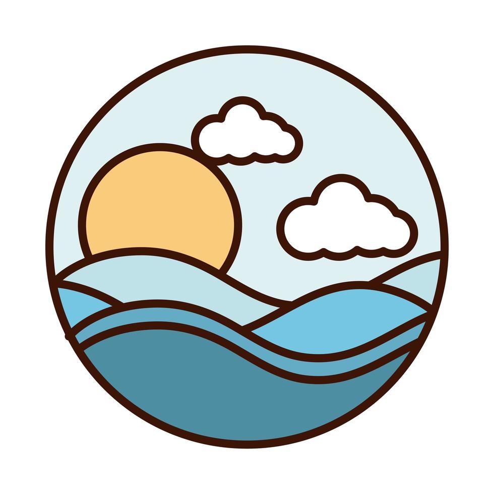 landscape nature lake sun and mountains line and fill icon vector