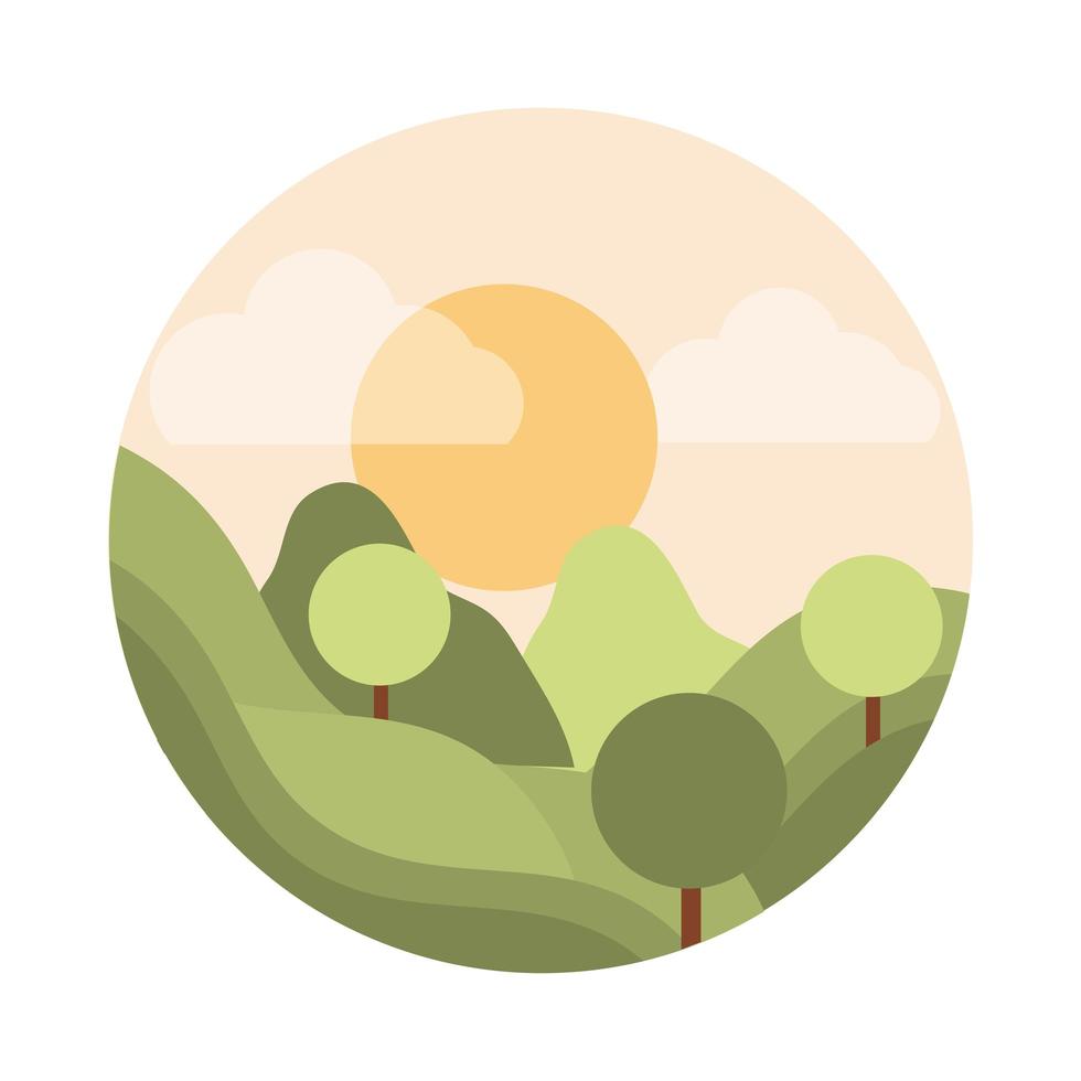 paisaje naturaleza montañas árboles redondos bosque sol estilo plano icono vector