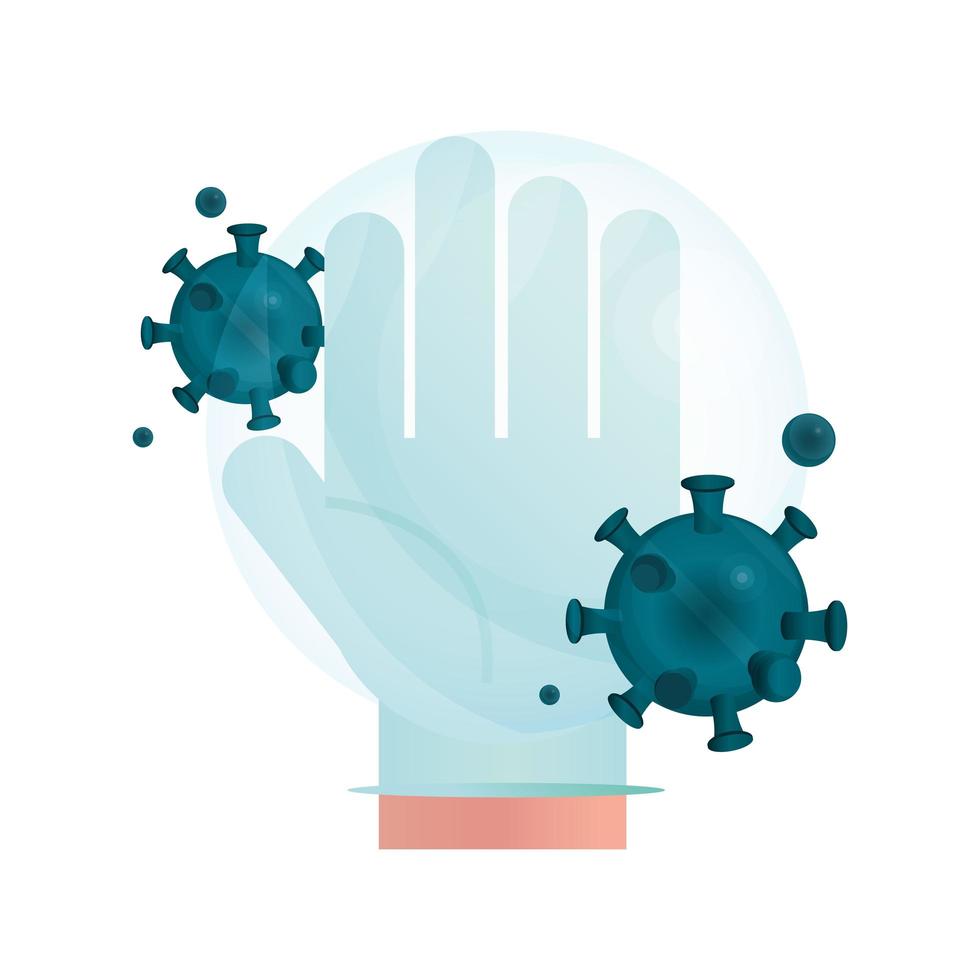 hand with protective glove pandemic stop coronavirus covid 19 vector