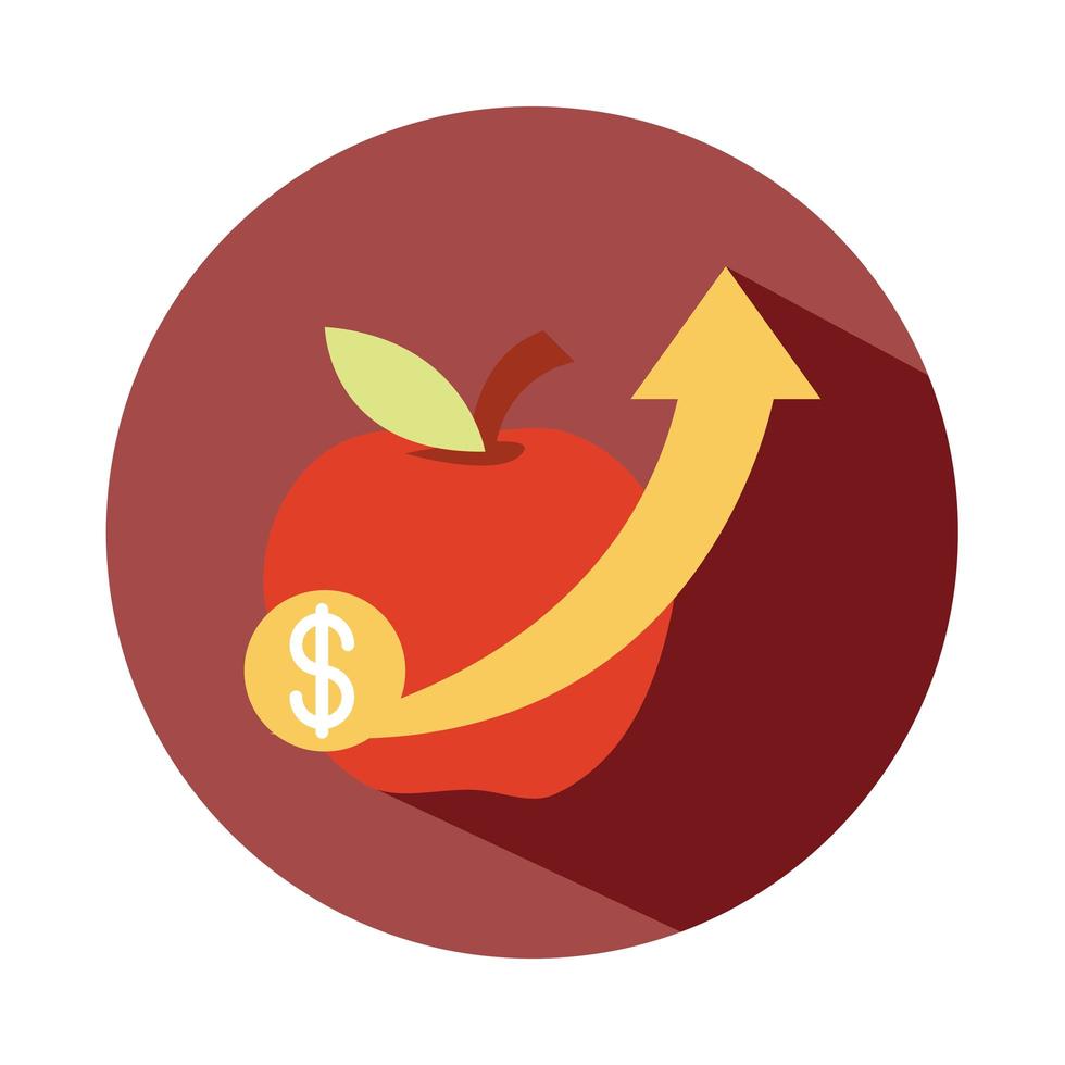 manzana dinero flecha mercado aumento de precios de alimentos icono de estilo de bloque vector