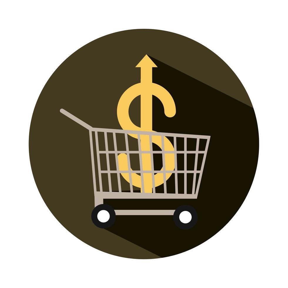 shopping cart with money going up arrow rising food prices block style icon vector