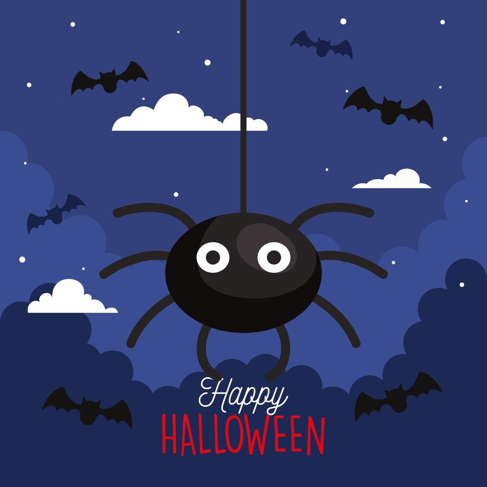 happy halloween banner with hanging spider and flying bats vector