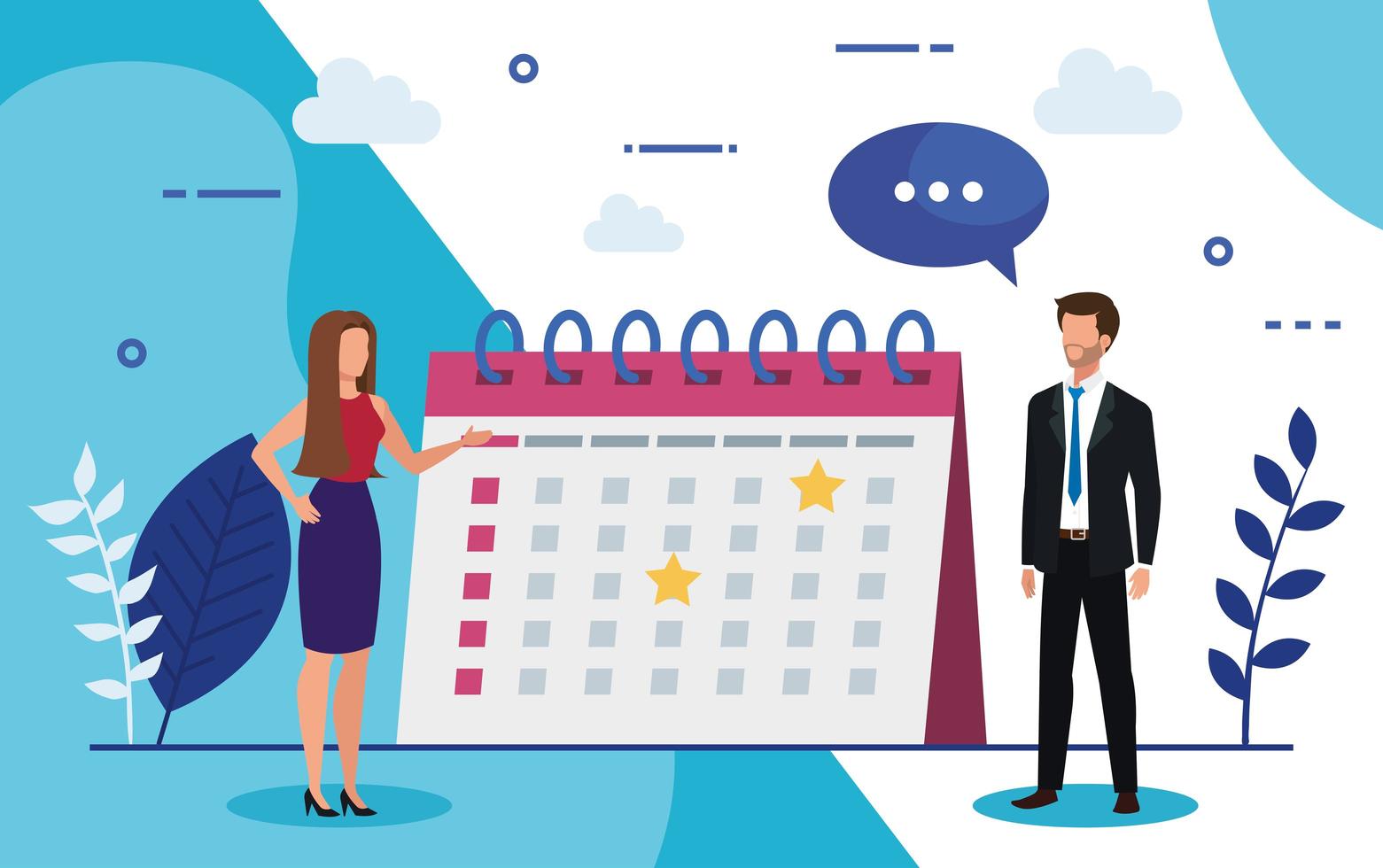 business couple with calendar and speech bubble vector