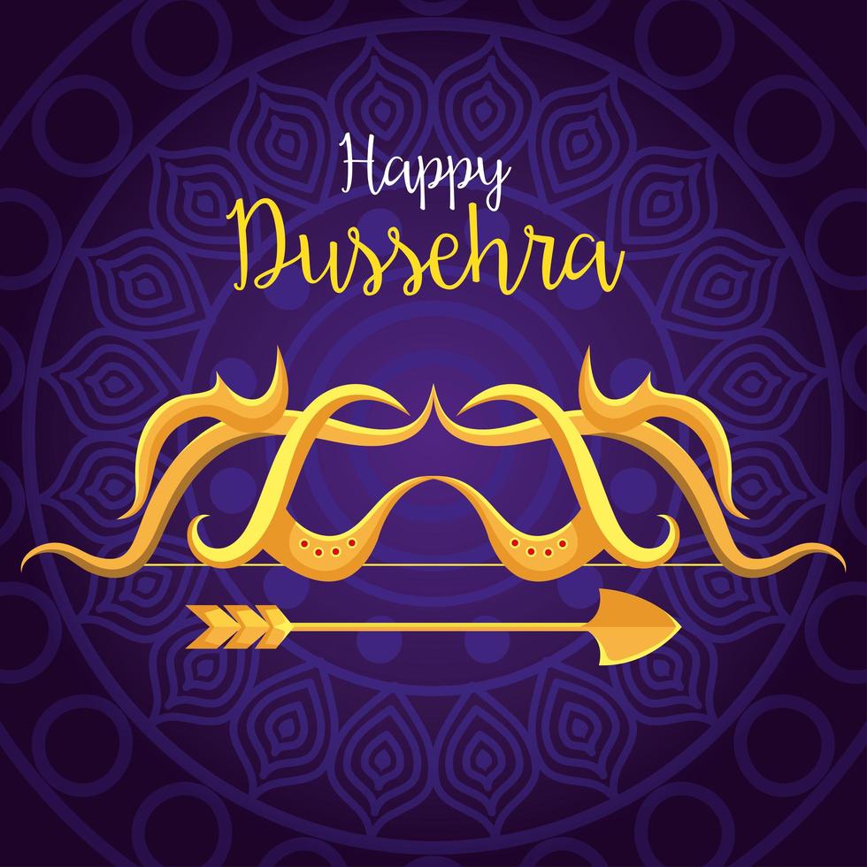 feliz festival dussehra con flecha dorada en fondo morado vector