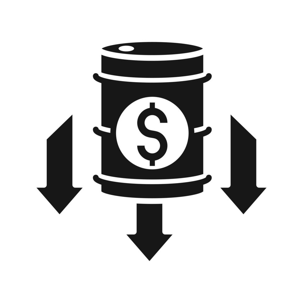 dinero barril flechas hacia abajo crisis del comercio financiero economía caída del precio del petróleo icono de estilo de silueta vector