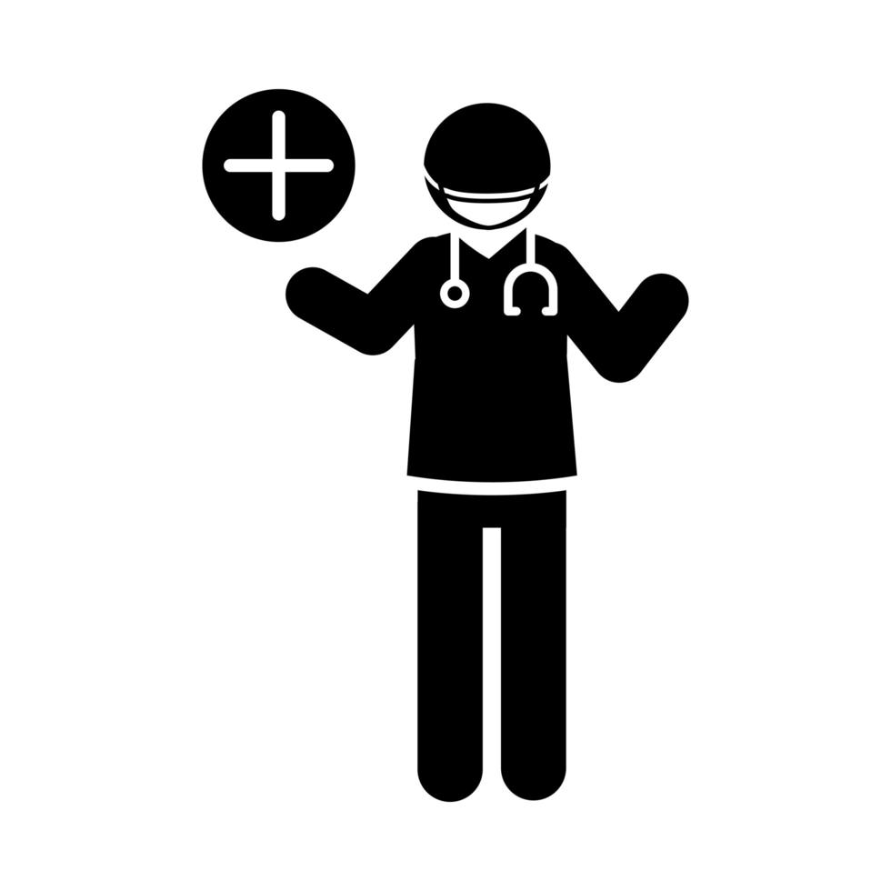 coronavirus covid 19 médico con máscara médica y estetoscopio icono de estilo de silueta de pictograma de salud vector