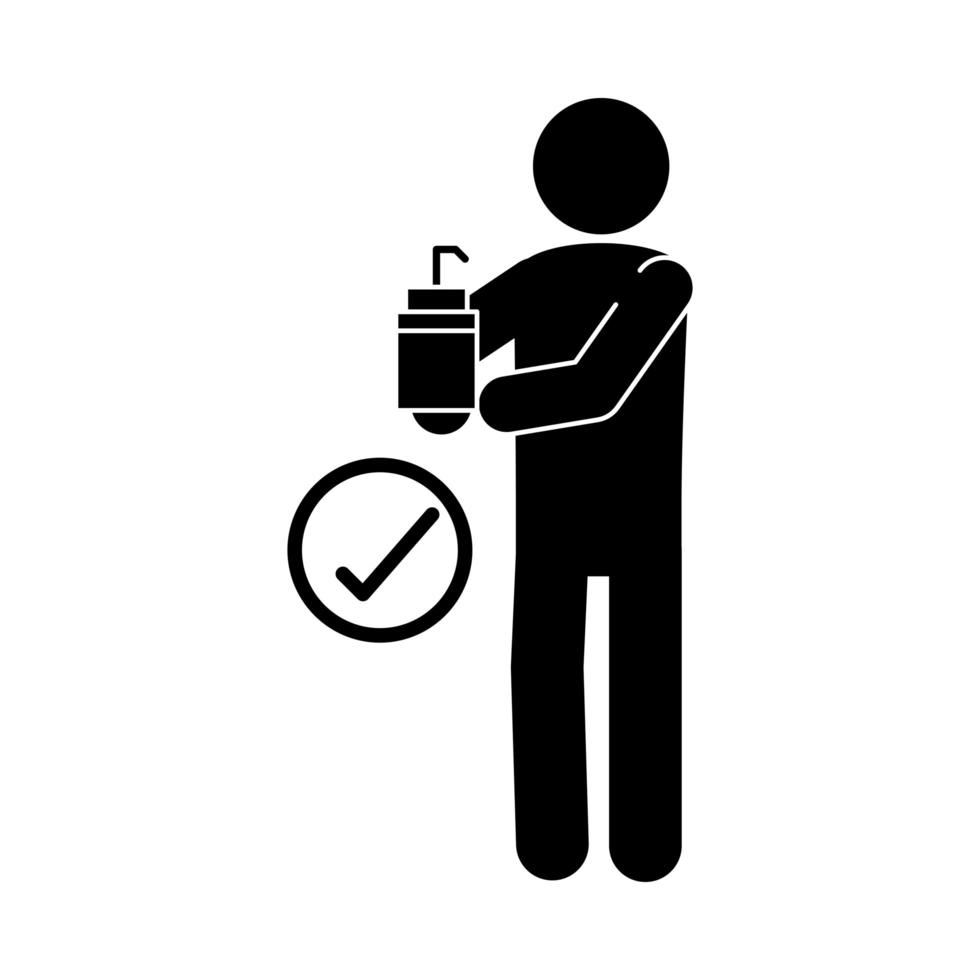 coronavirus covid 19 person with hands disinfectant prevention health pictogram silhouette style icon vector