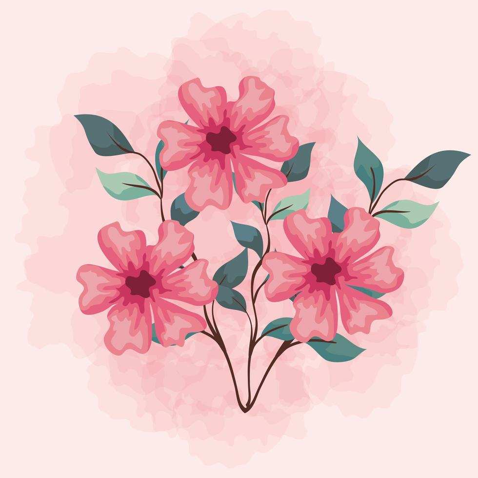 pink color flowers, branches with leaves nature decoration vector